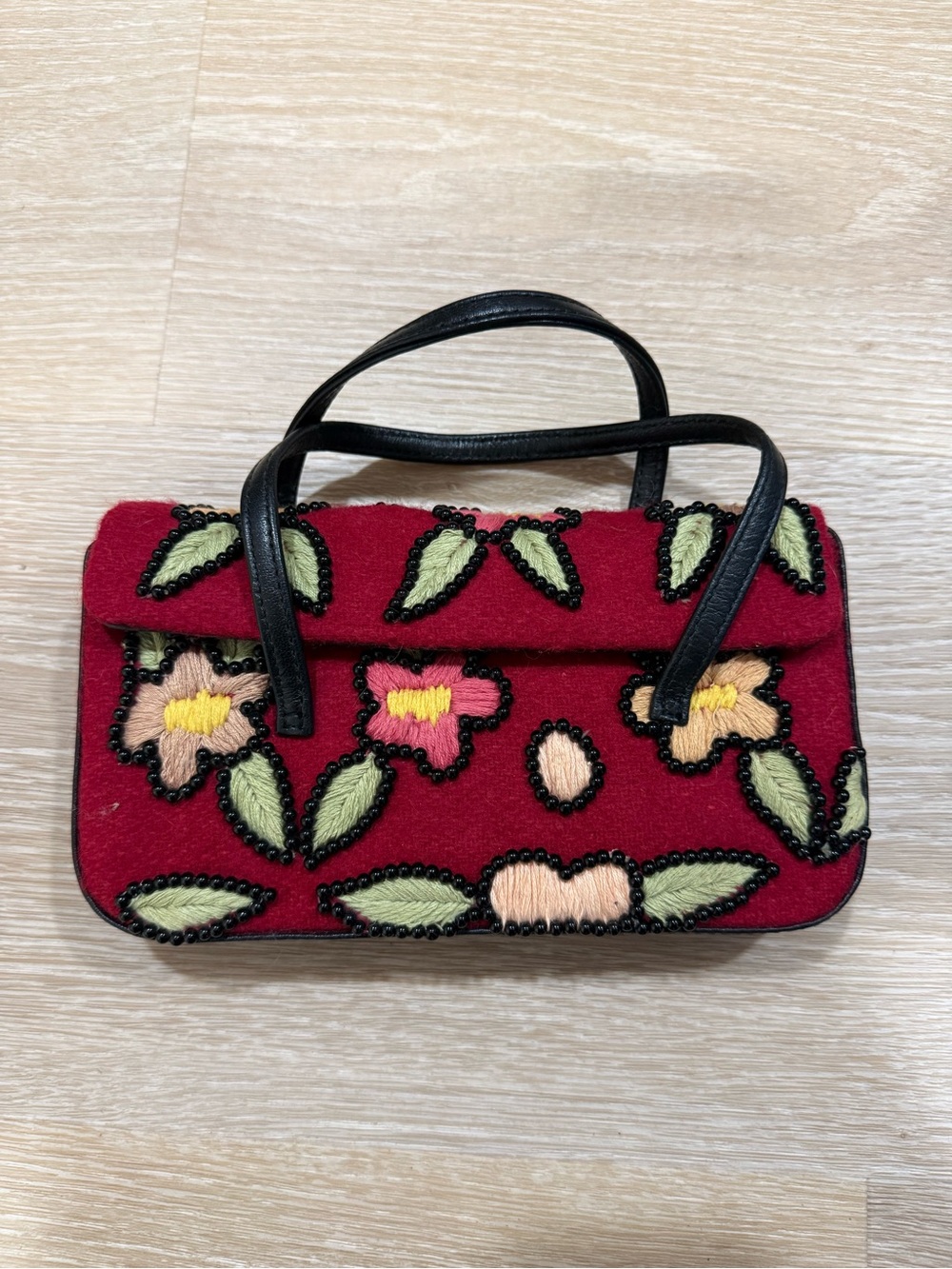 Vintage Red Floral Embroidered Shoulder Bag with Black Handles